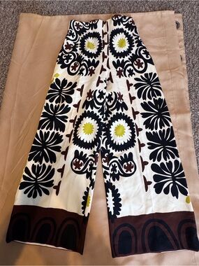 Zara White Black Brown Patterned Wide Leg Pants with Yellow Accents